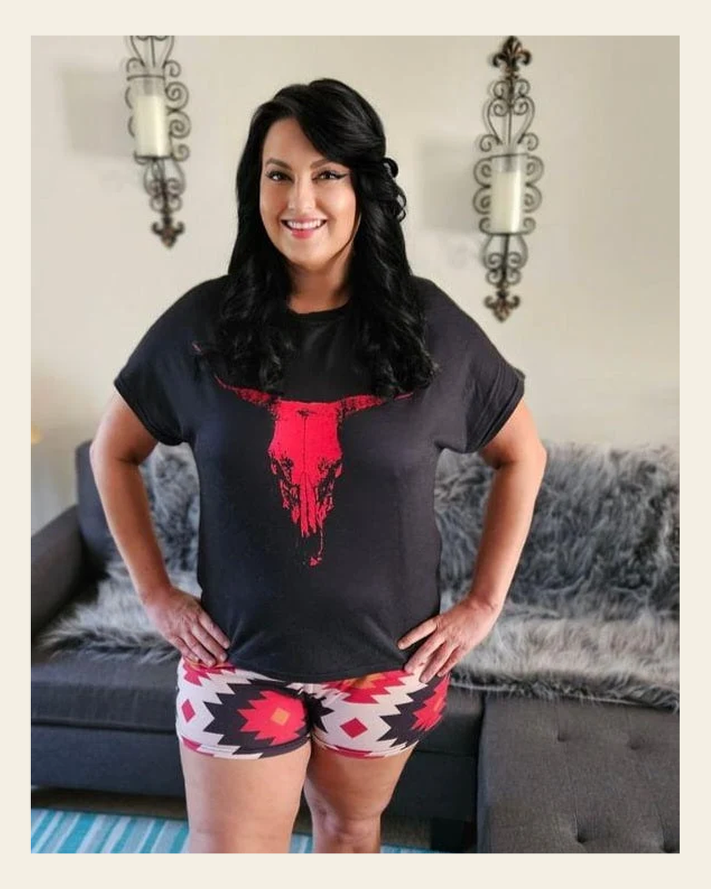 Baha Ranch Red Aztec Bull Women's Western Top and Short Pajama Set on a warm cream background