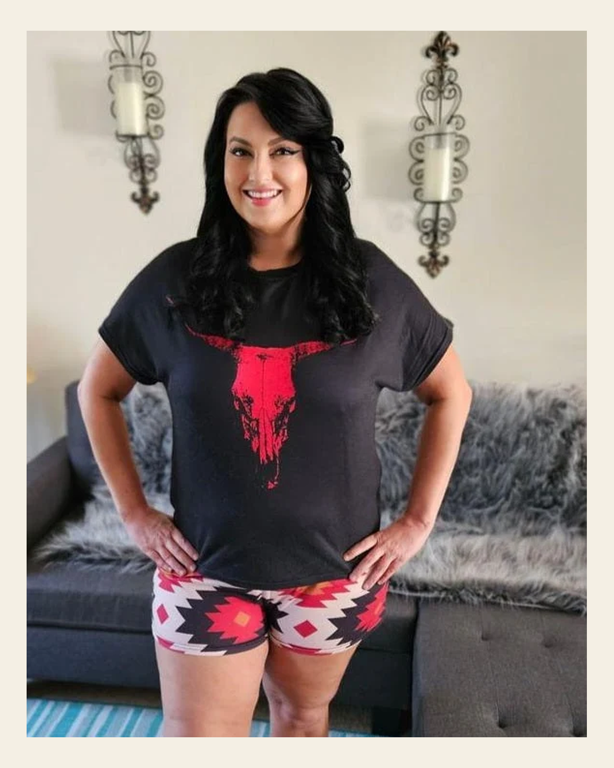 Baha Ranch Red Aztec Bull Women's Western Top and Short Pajama Set on a warm cream background