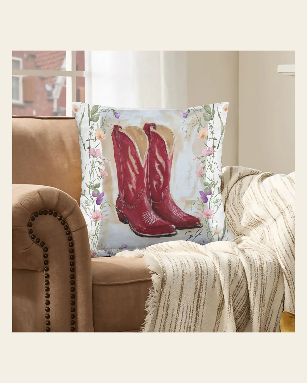 Baha Ranch Red Boots Velvety Soft Throw Pillow Case Made in America on a warm cream background