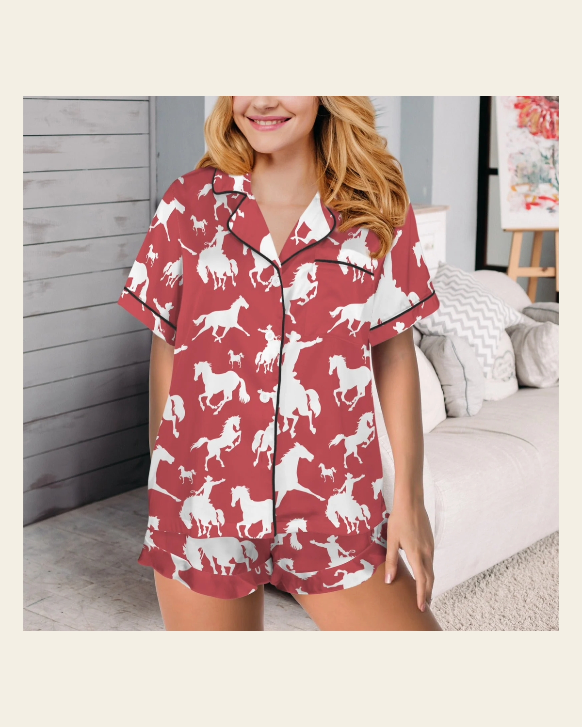 Baha Ranch Red Bronc Satin Ruffle Western Pajama Set on a warm cream background