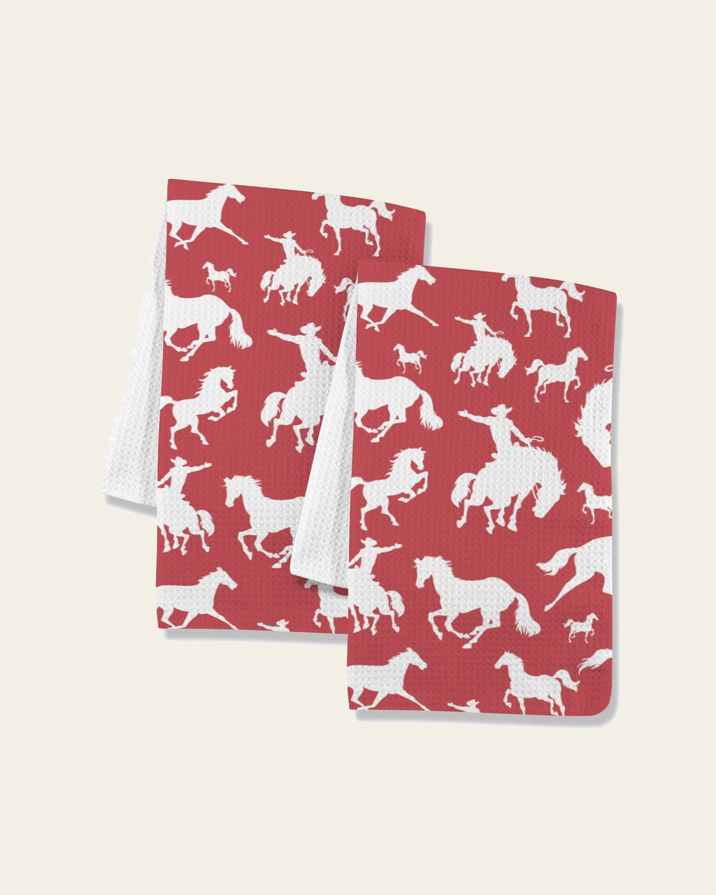 Baha Ranch Red Rodeo Cowboy Set of 2 Dish Towels Made in America on a warm cream background