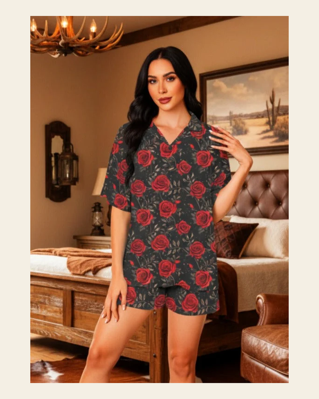 Baha Ranch Red Rose Women's Pajama Set Made in America on a warm cream background