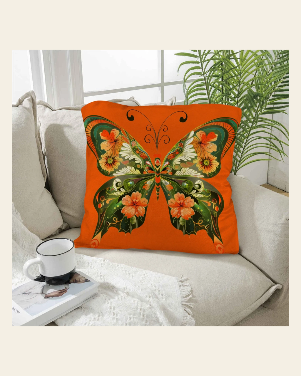 Baha Ranch Retro Floral Butterfly Pillow Case Made in America on a warm cream background