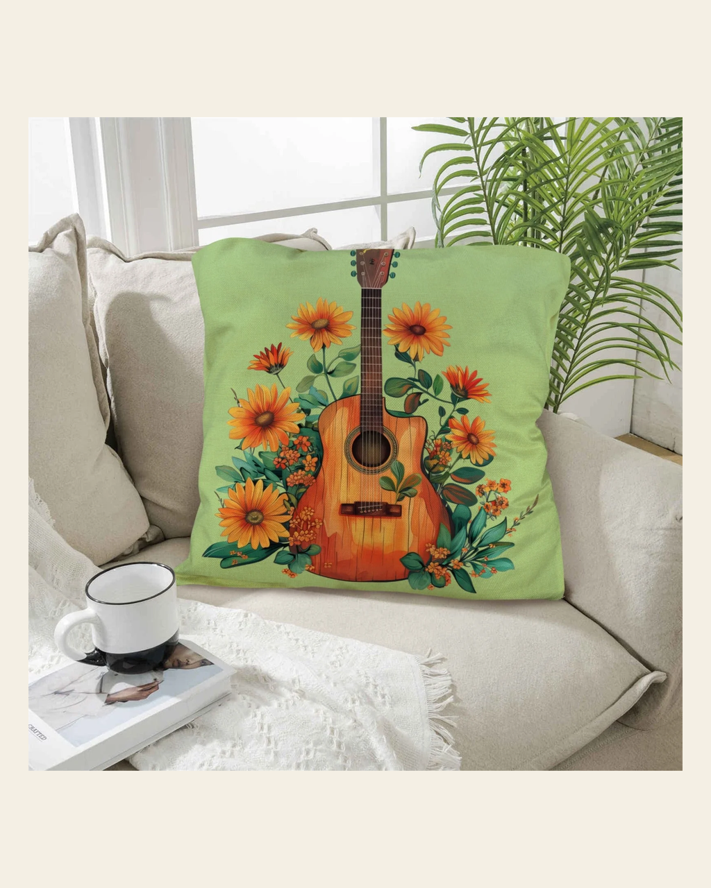 Baha Ranch Retro Guitar Pillow Case Made in America on a warm cream background
