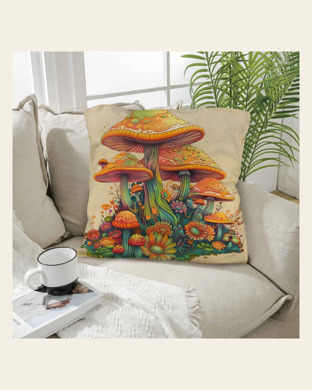 Baha Ranch Retro Mushrooms Pillow Case Made in America on a warm cream background