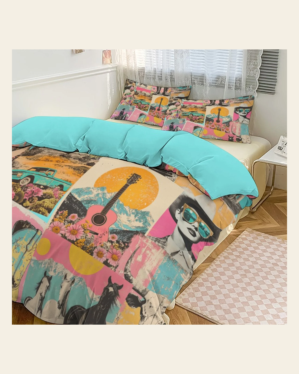 Baha Ranch Retro Pop Western 3-Piece Bedding Set (1 Duvet Cover + 2 Pillow Shams) – 102"×90" on a warm cream background