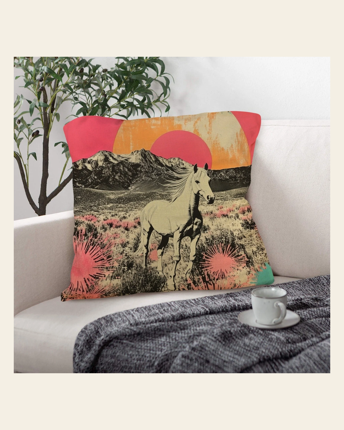 Baha Ranch Retro Pop Western Albino Steed Pillow Case Made in America on a warm cream background