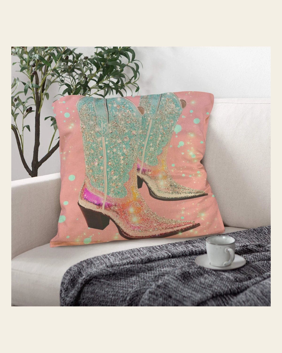 Baha Ranch Retro Pop Western Bling Boots Pillow Case Made in America on a warm cream background