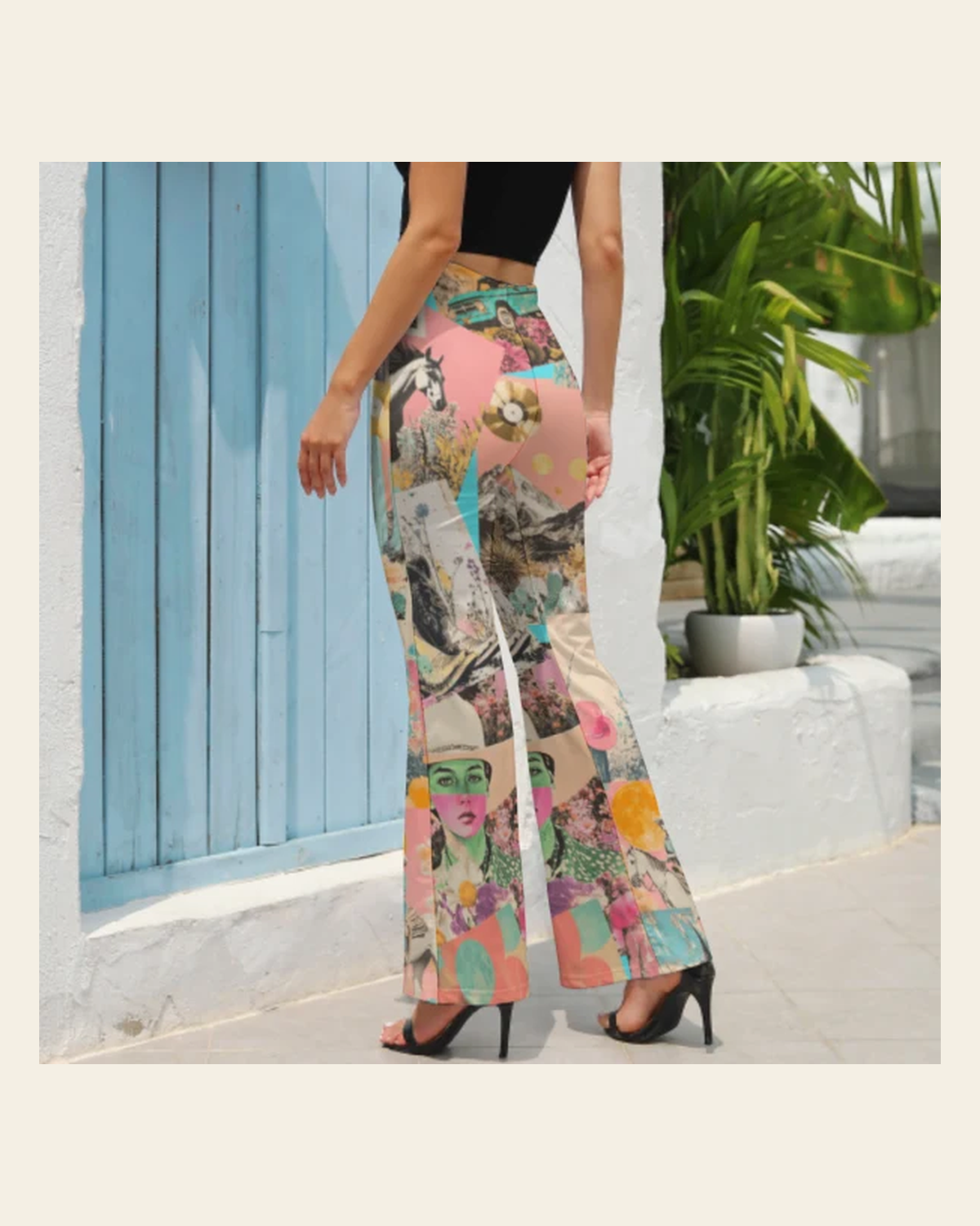 Baha Ranch Retro Pop Western Collage Flare Pants on a warm cream background