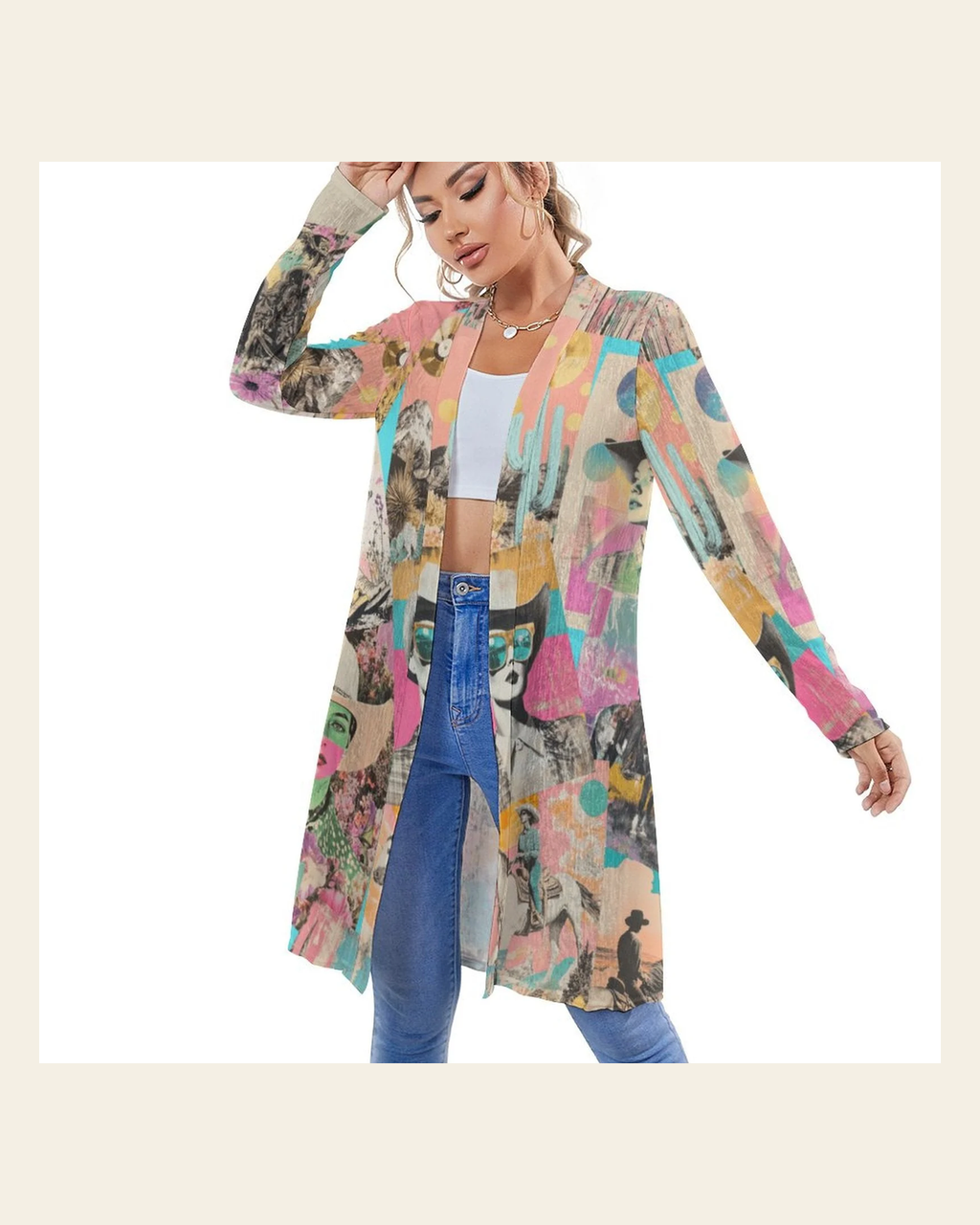 Baha Ranch Retro Pop Western Collage Lightweight Cardigan on a warm cream background