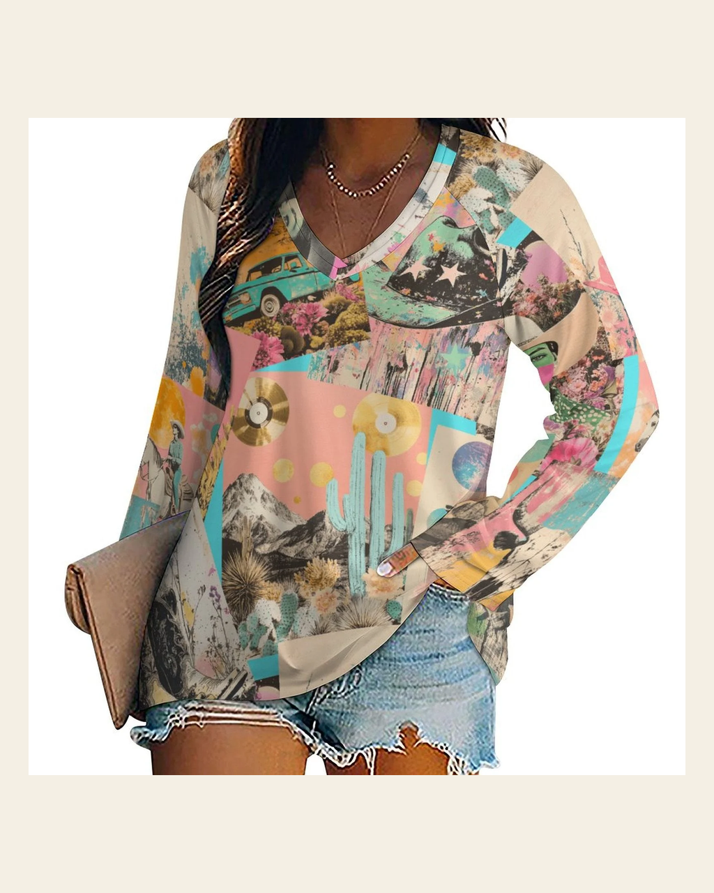 Baha Ranch Retro Pop Western Collage Long Sleeve Top on a warm cream background