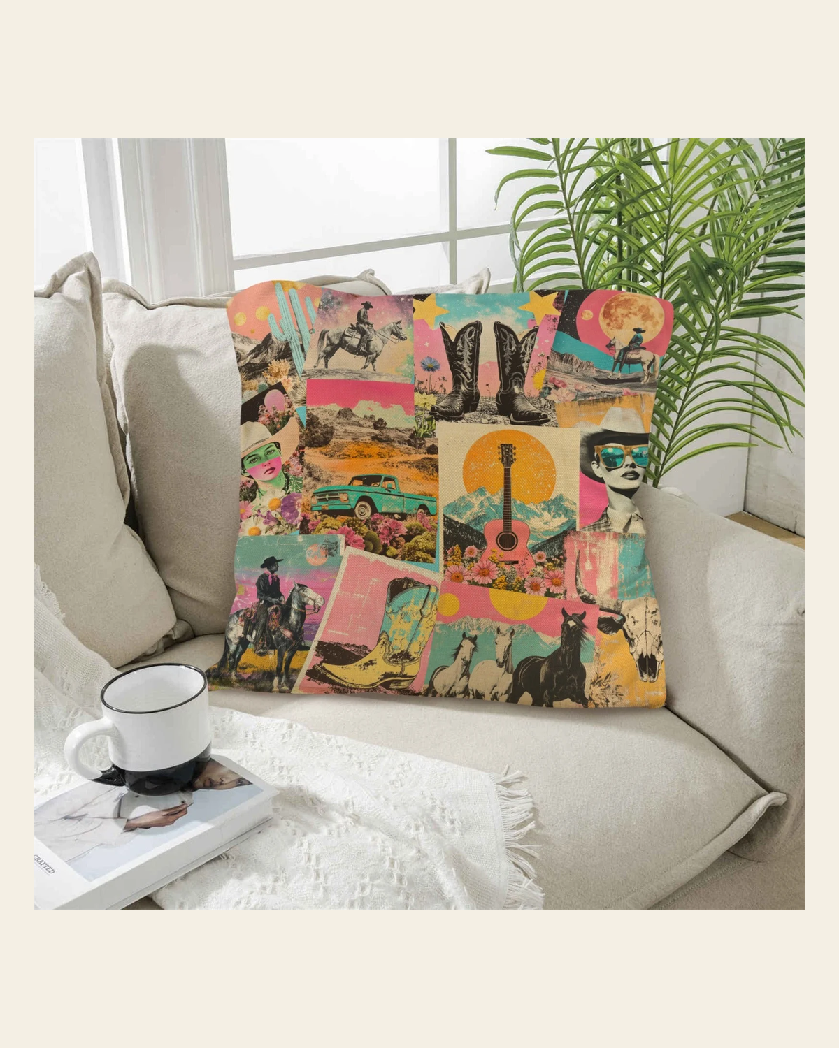 Baha Ranch Retro Pop Western Collage Pillow Case Made in America on a warm cream background