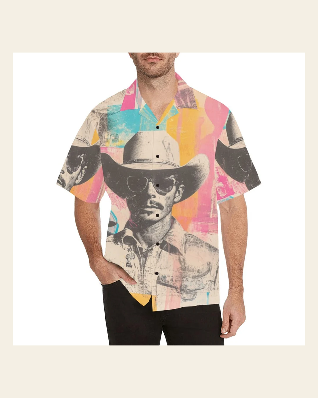 Baha Ranch Retro Pop Western Cool Cowboy Men's Camp Shirt on a warm cream background