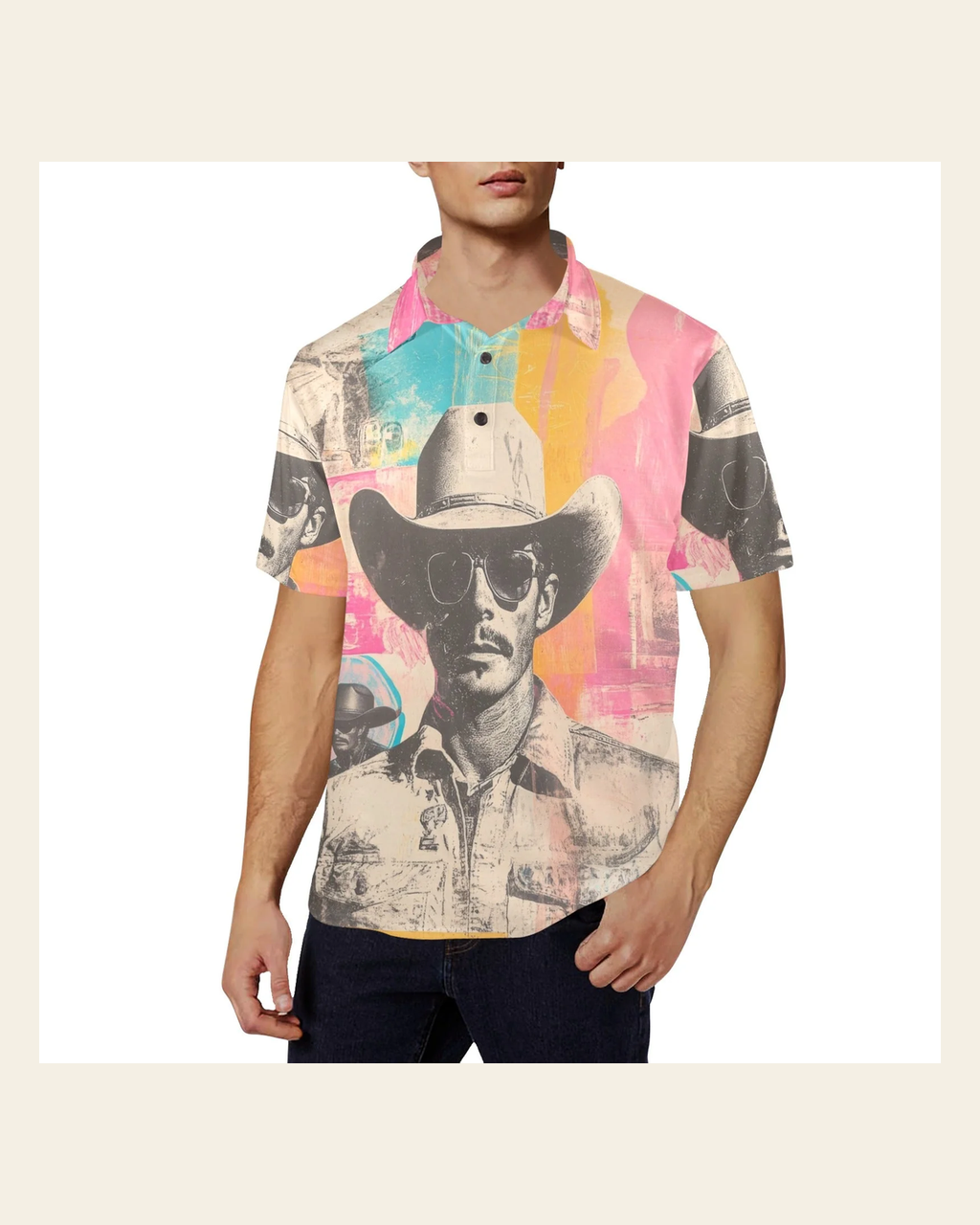 Baha Ranch Retro Pop Western Cool Cowboy Polo Shirt on a warm cream background