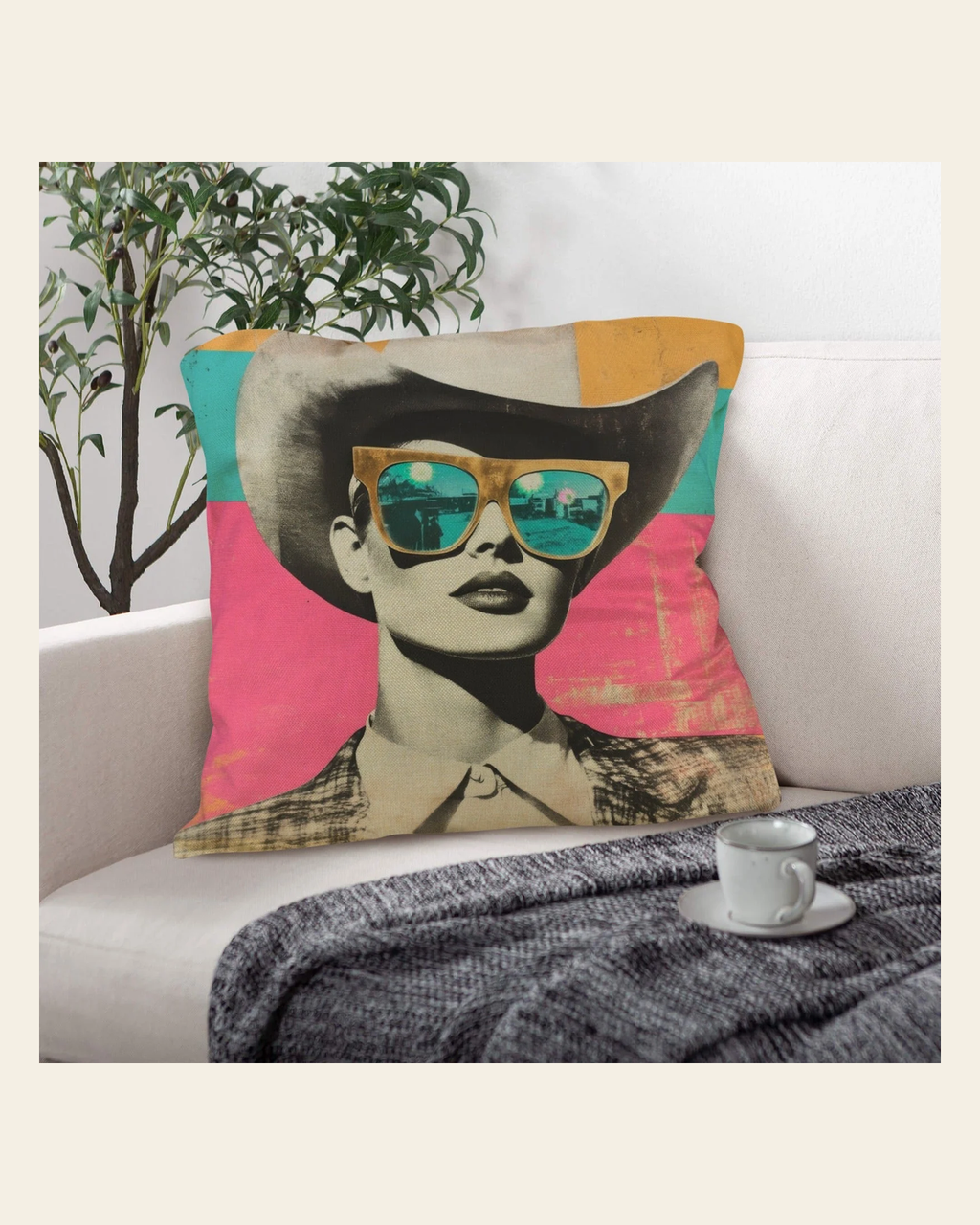 Baha Ranch Retro Pop Western Cool Cowgirl Pillow Case Made in America on a warm cream background