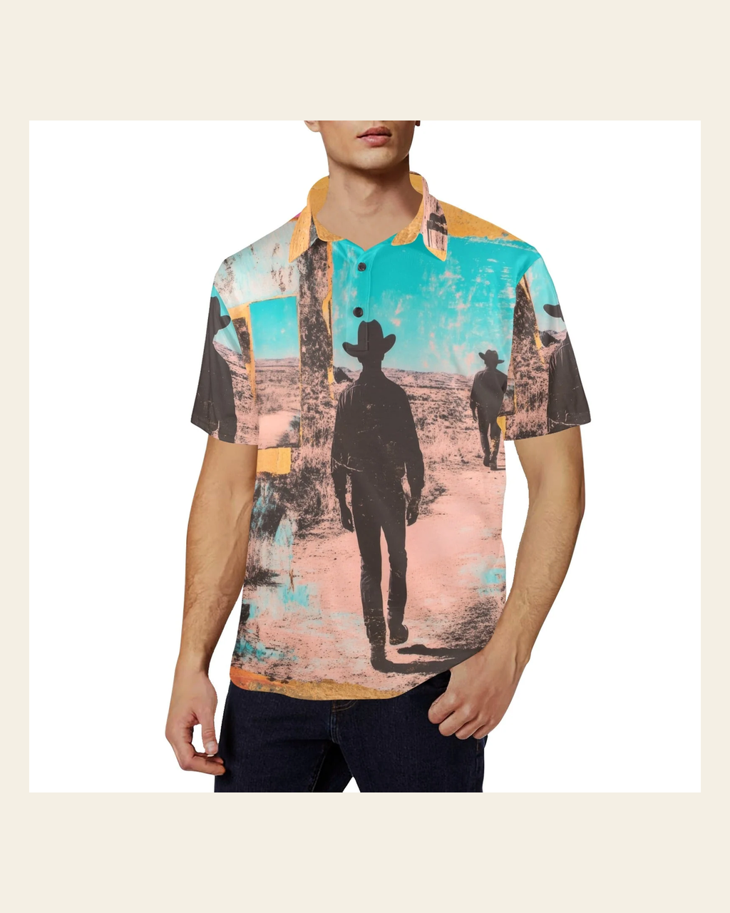 Baha Ranch Retro Pop Western Desert Cowboy Polo Shirt on a warm cream background