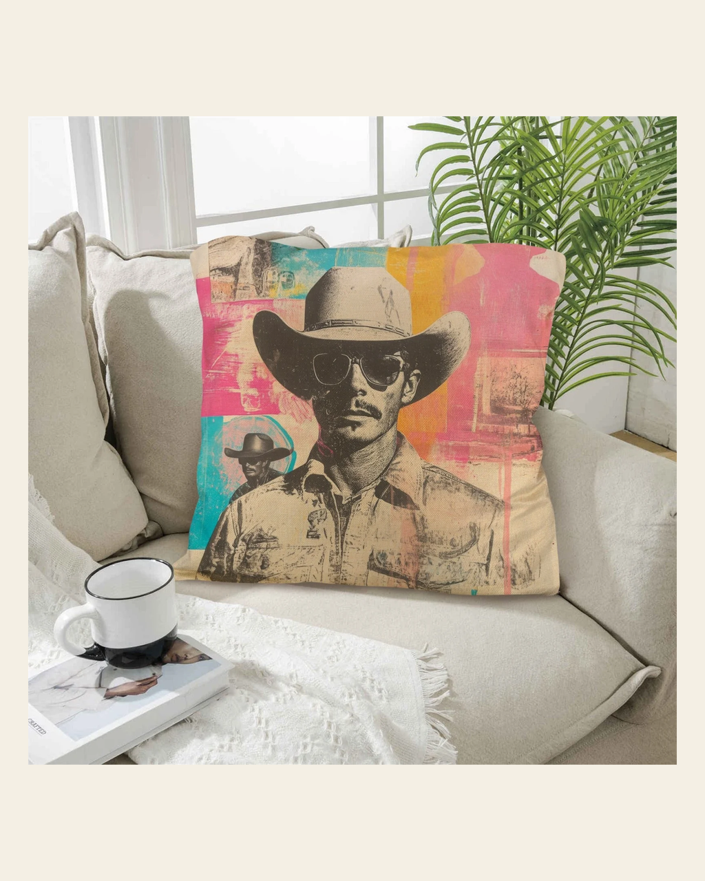 Baha Ranch Retro Pop Western Hey Cowboy Pillow Case Made in America on a warm cream background