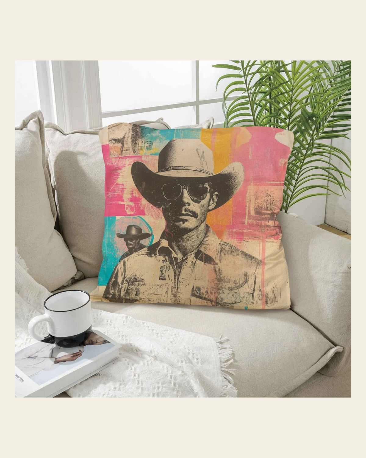 Baha Ranch Retro Pop Western Hey Cowboy Pillow Case Made in America on a warm cream background
