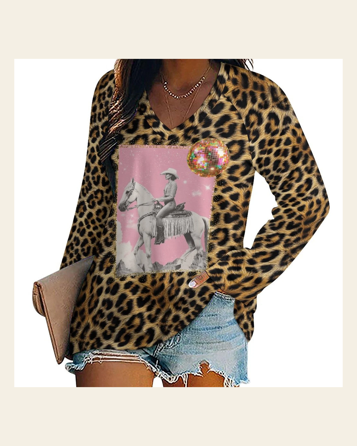 Baha Ranch Retro Pop Western Leopard Cowgirl Long Sleeve Top on a warm cream background