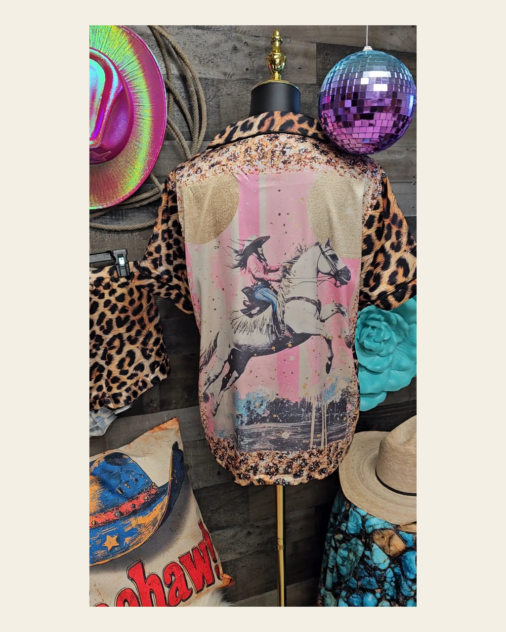 Baha Ranch Retro Pop Western Leopard Cowgirl Satin Pajamas on a warm cream background