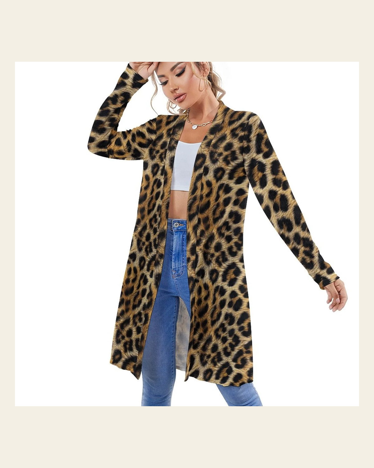 Baha Ranch Retro Pop Western Leopard Lightweight Cardigan on a warm cream background