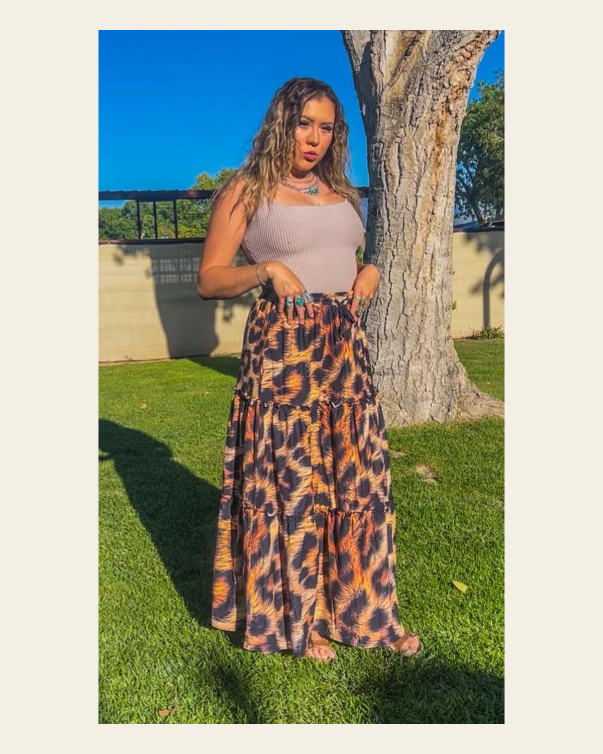 Baha Ranch Retro Pop Western Leopard Print Maxi Prairie Skirt on a warm cream background