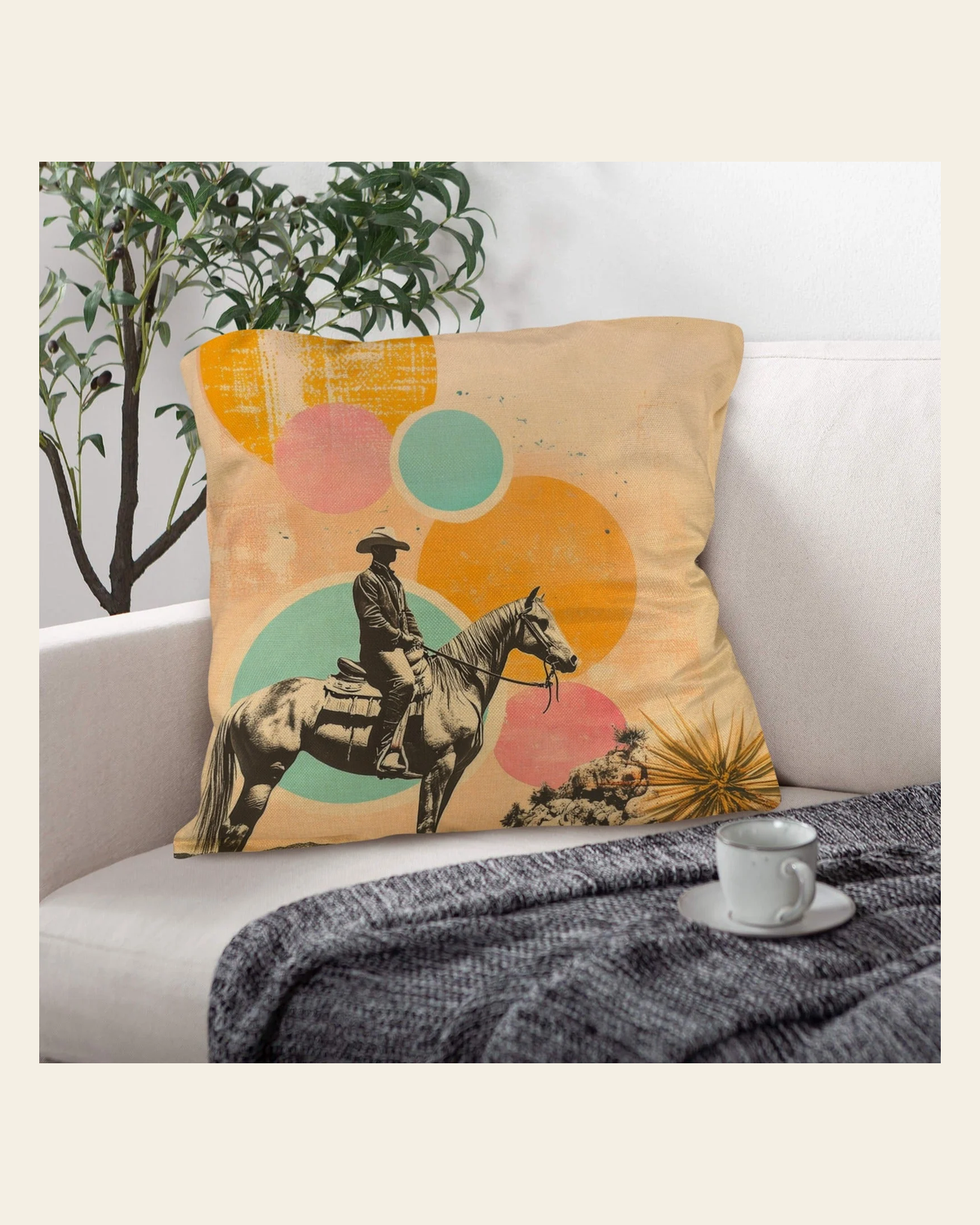 Baha Ranch Retro Pop Western Lost Cowboy Pillow Case Made in America on a warm cream background