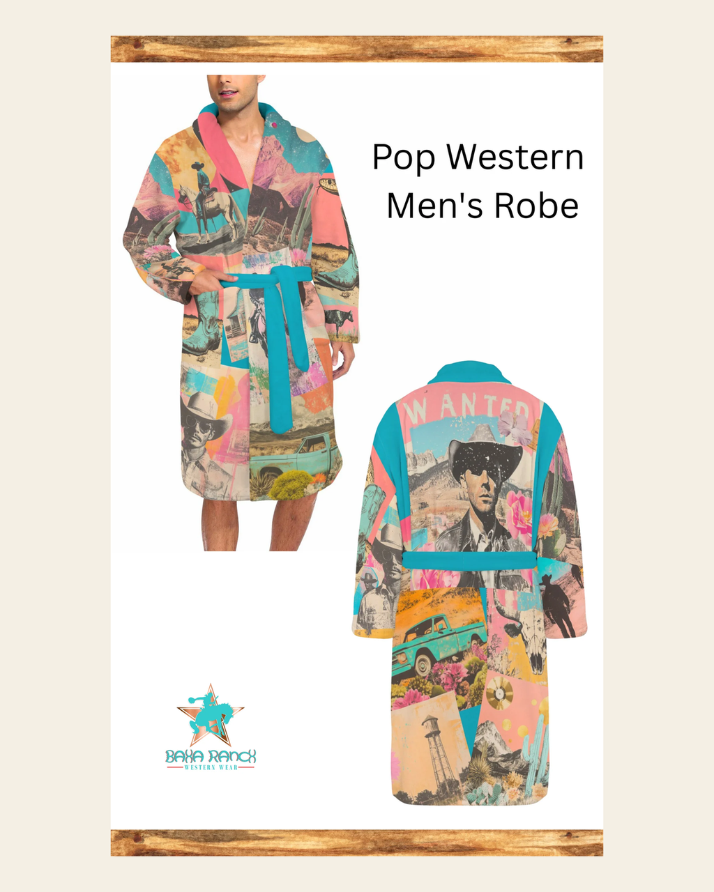 Baha Ranch Retro Pop Western Men's Robe on a warm cream background