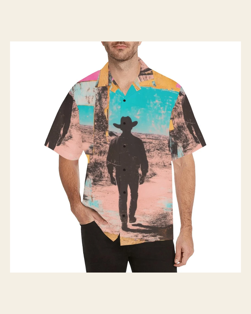 Baha Ranch Retro Pop Western Mystery Cowboy Men's Camp Shirt on a warm cream background