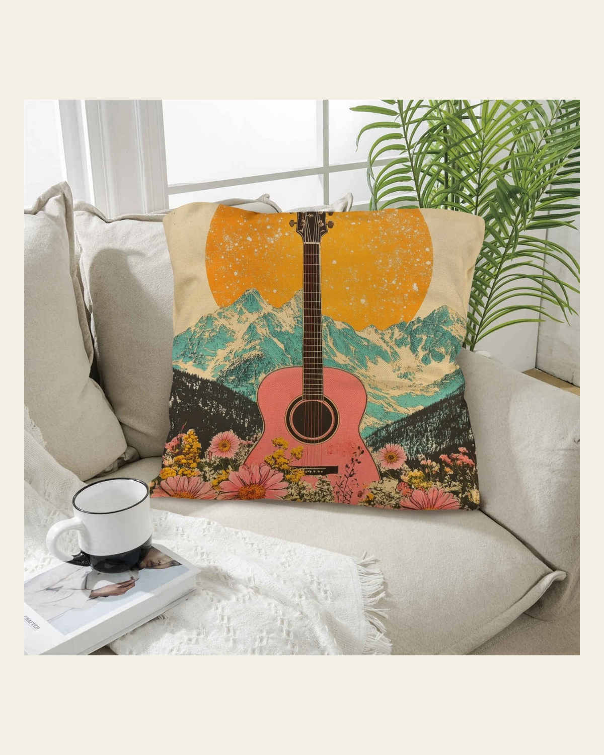 Baha Ranch Retro Pop Western Pink Guitar Pillow Case Made in America on a warm cream background