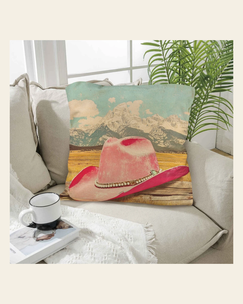 Baha Ranch Retro Pop Western Pink Hat Pillow Case Made America on a warm cream background