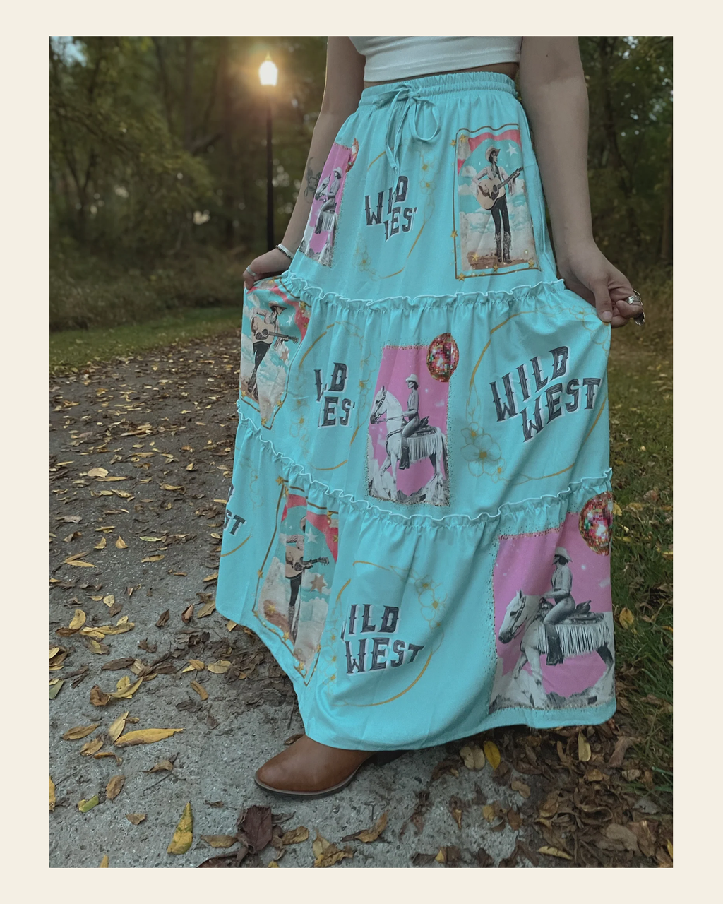 Baha Ranch Retro Pop Western Prairie Maxi Skirt on a warm cream background