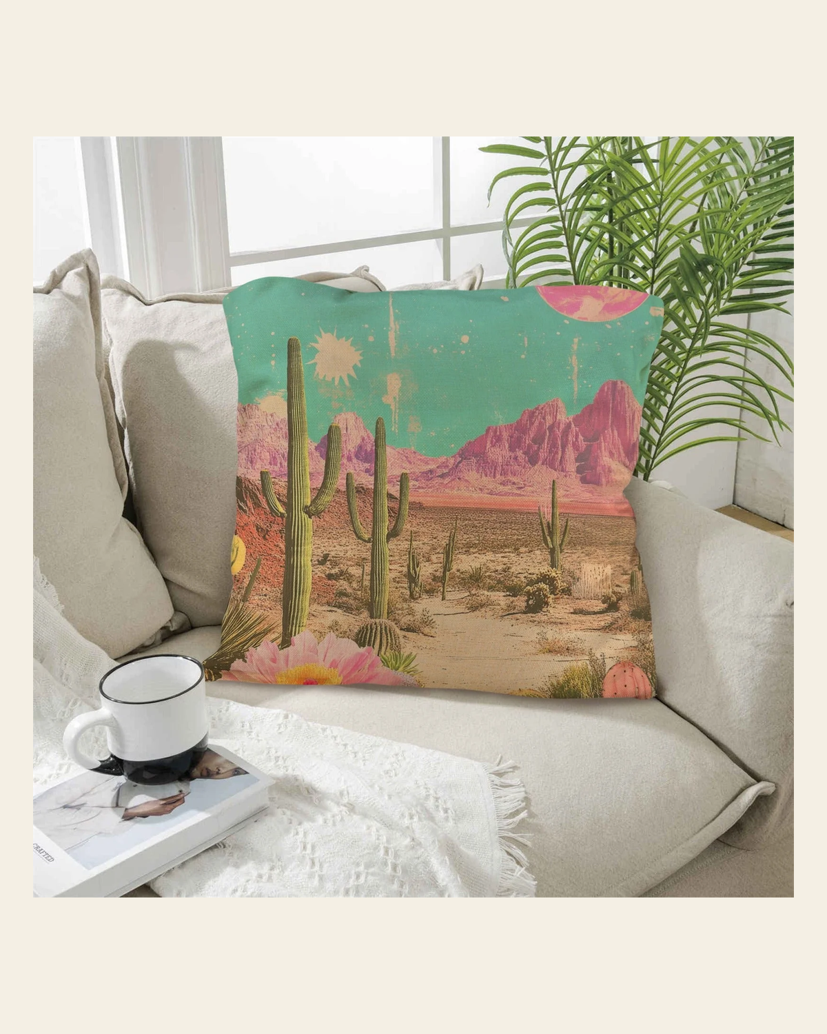 Baha Ranch Retro Pop Western Purple Mountain Desert Pillow Case Made in America on a warm cream background