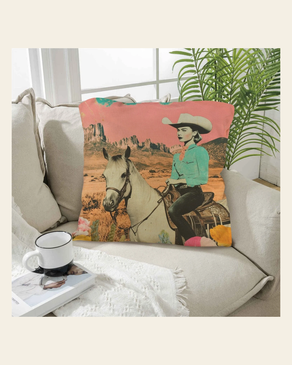 Baha Ranch Retro Pop Western Ride Cowgirl Pillow Case Made in America on a warm cream background