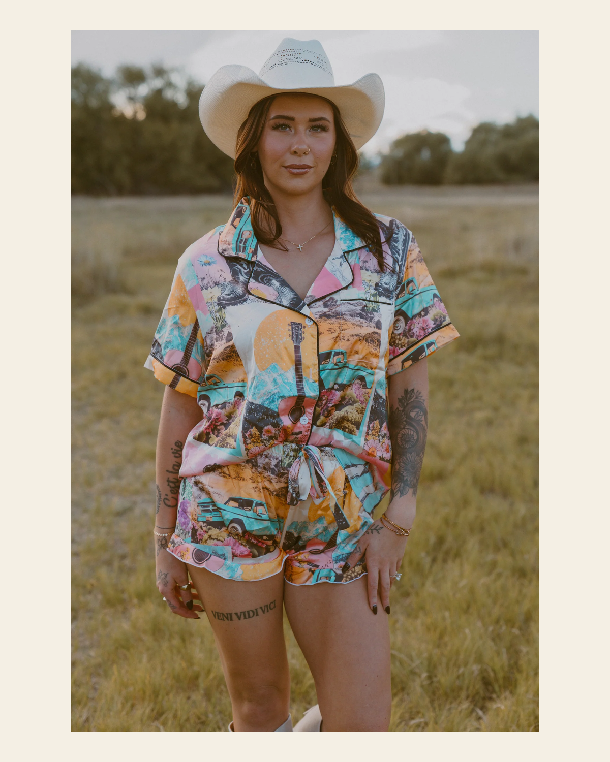Baha Ranch Retro Pop Western Satin Pajama Set on a warm cream background