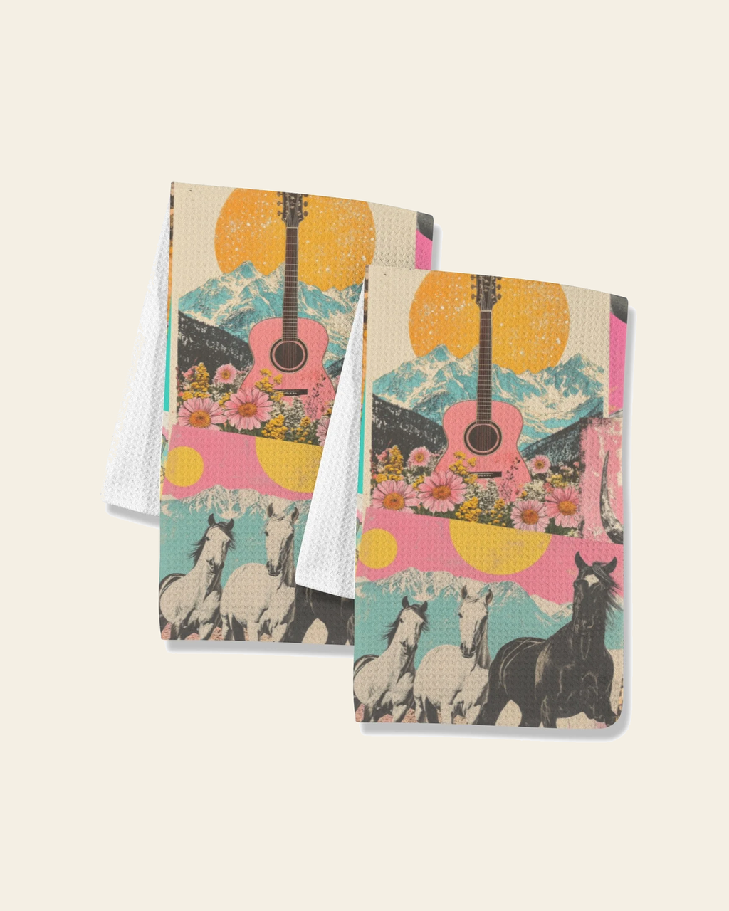 Baha Ranch Retro Pop Western set of 2 Kitchen Dish Towels Made in America on a warm cream background