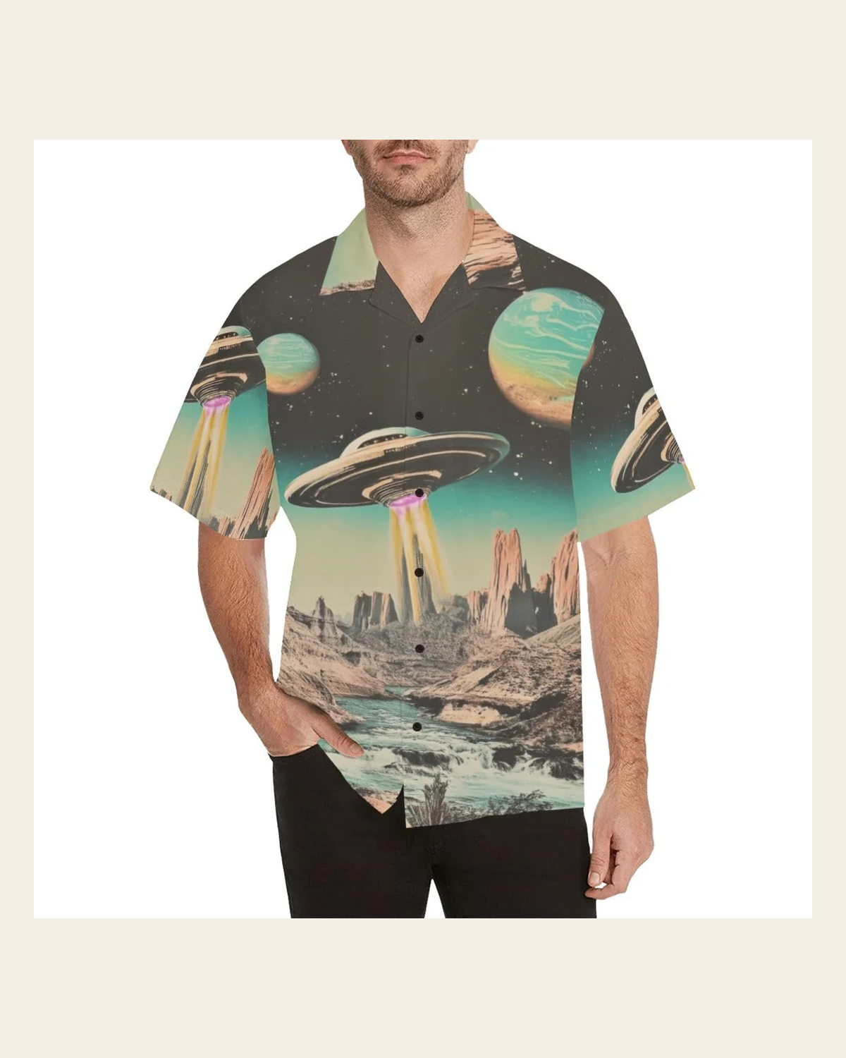 Baha Ranch Retro Pop Western Space Cowboy Camp Shirt on a warm cream background
