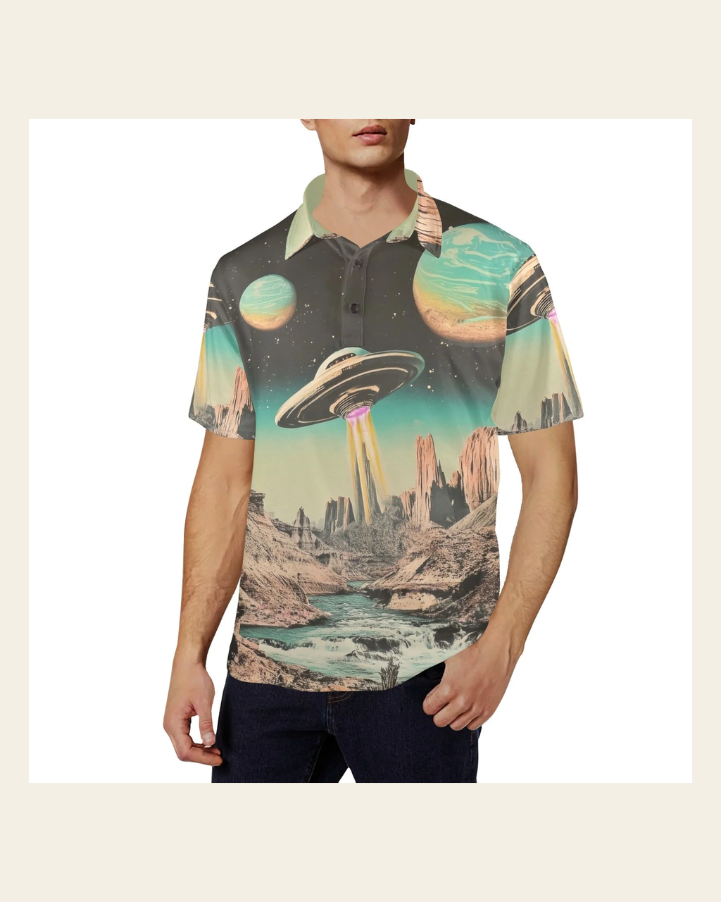 Baha Ranch Retro Pop Western Space Cowboy Polo Shirt on a warm cream background