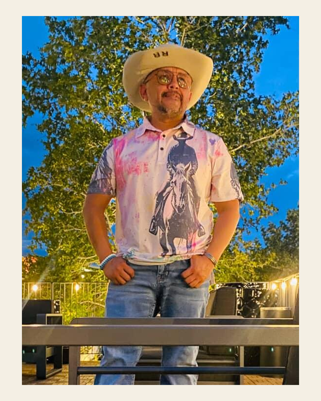 Baha Ranch Retro Pop Western Trail Ride Polo Shirt on a warm cream background