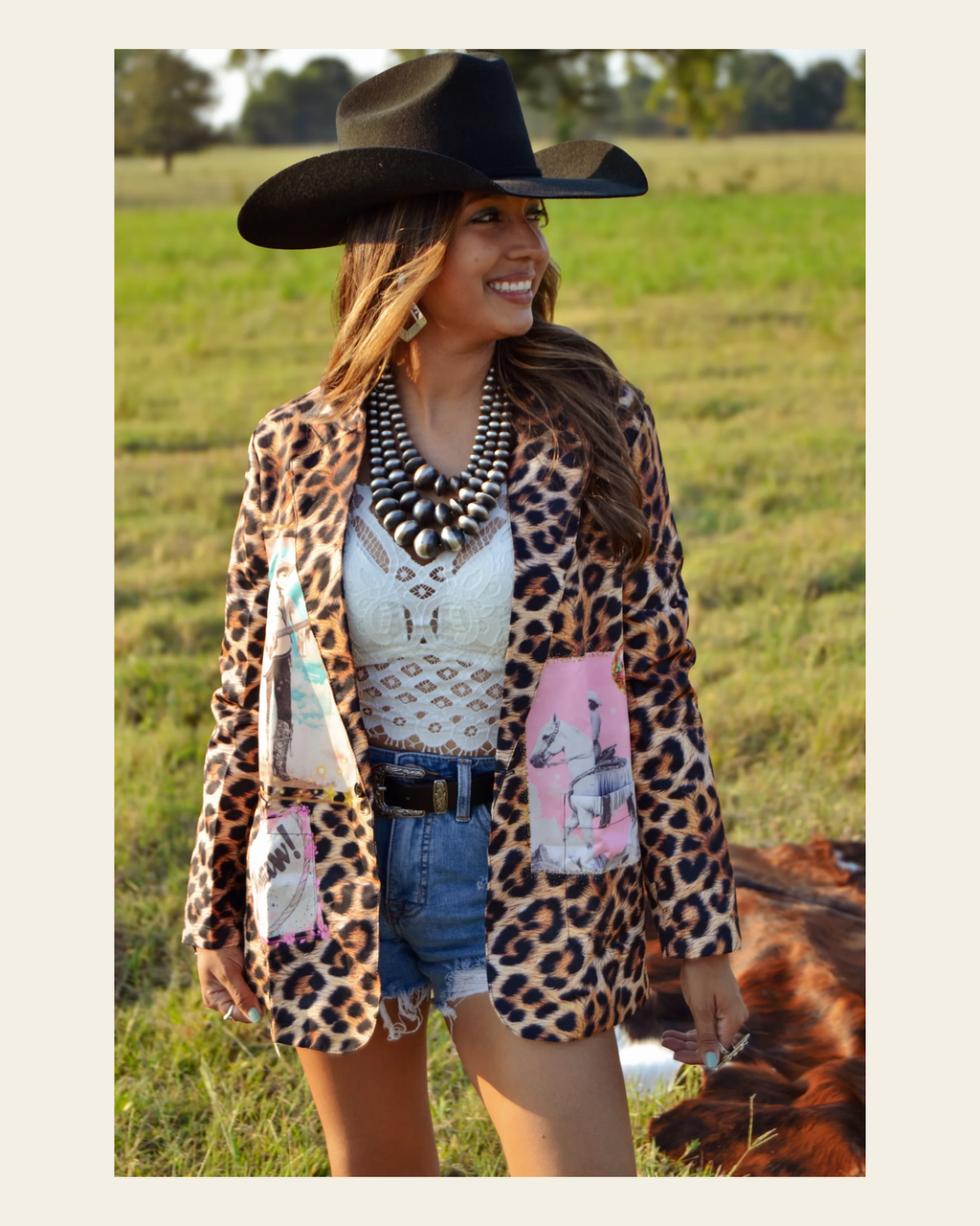 Baha Ranch Retro Pop Western Wild West Leopard Blazer on a warm cream background