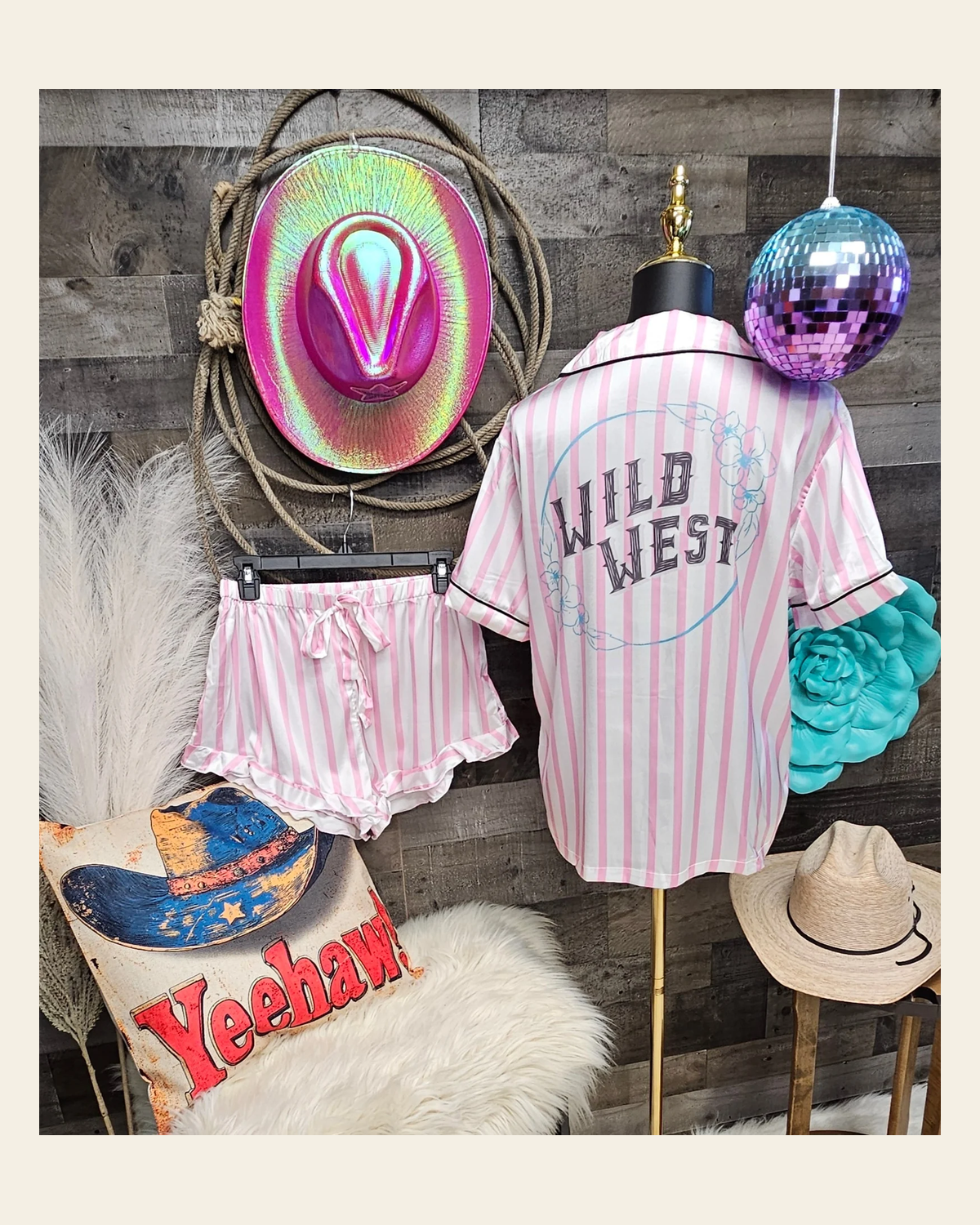 Baha Ranch Retro Pop Western Wild West Pink Pin Stripe Satin Pajamas on a warm cream background