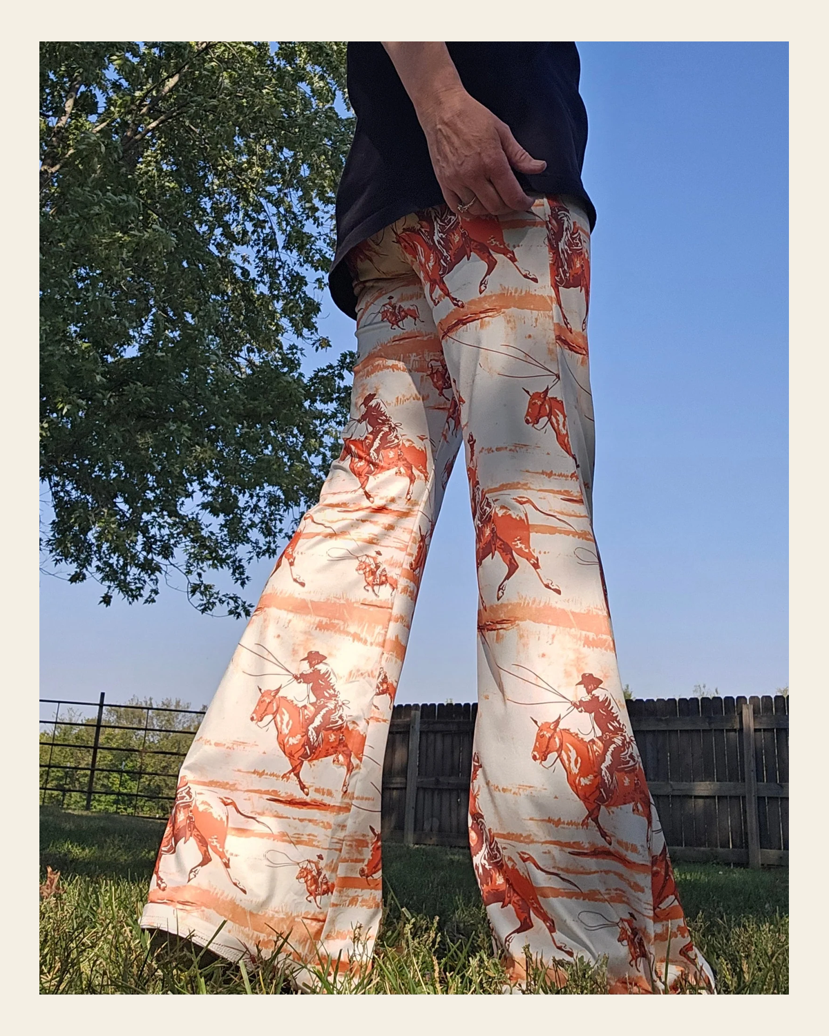 Baha Ranch Retro Western Flare Pants on a warm cream background