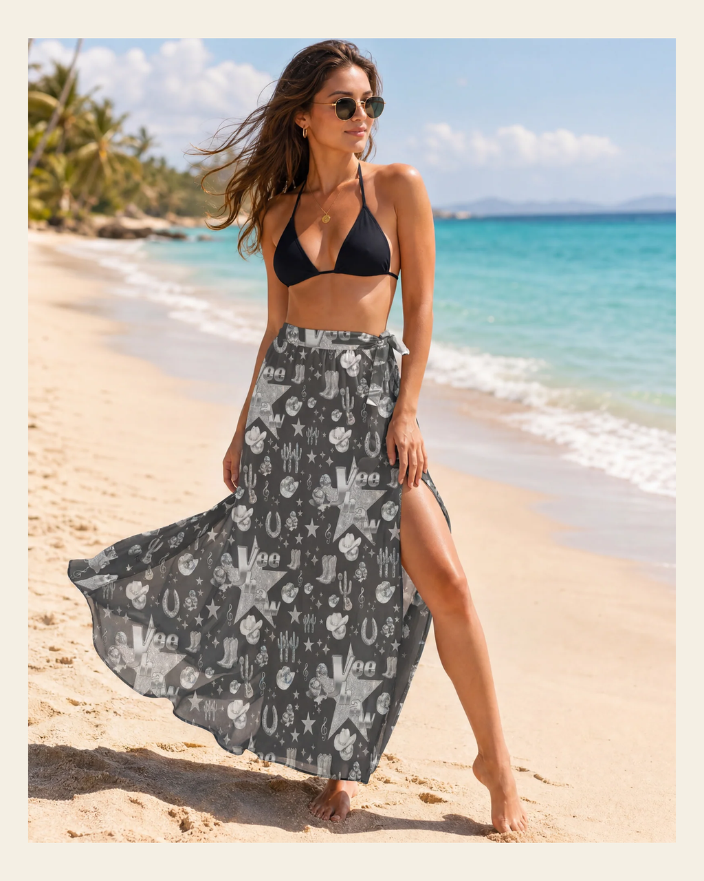 Baha Ranch Rhinestone Cowgirl Beach Swim Skirt Coverup on a warm cream background