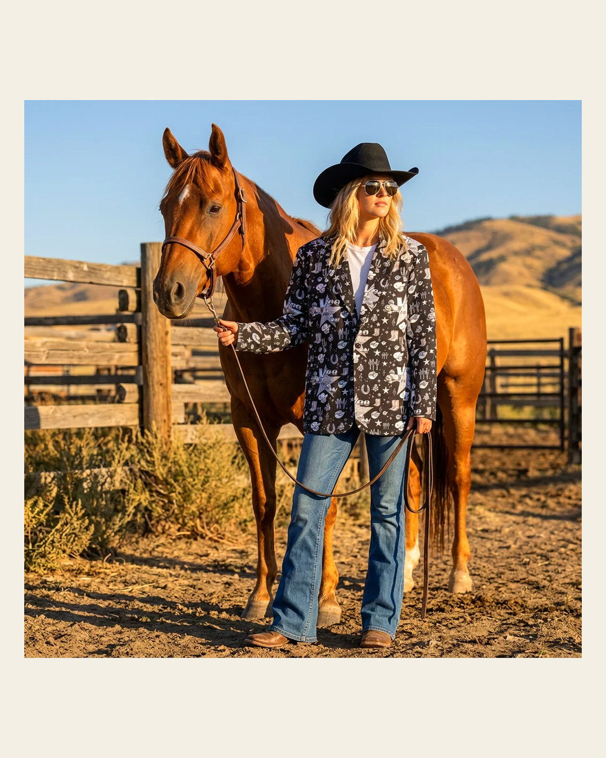 Baha Ranch Rhinestone Cowgirl Yeehaw Blazer Women's Blazer on a warm cream background