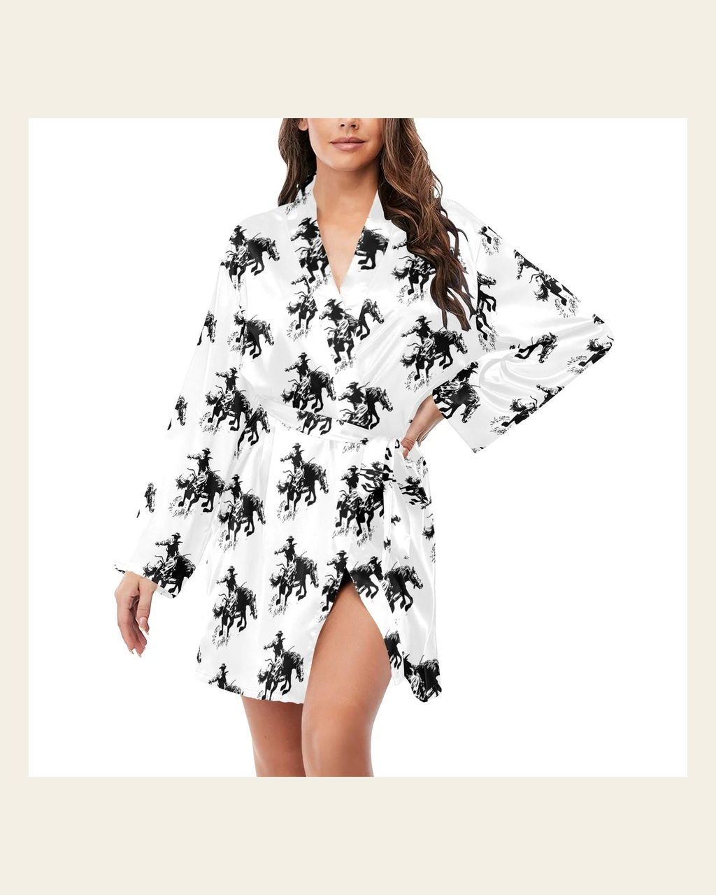 Baha Ranch Rodeo Bronc Women's Long Sleeve Belted Satin Feel Dressing Lounge Robe on a warm cream background