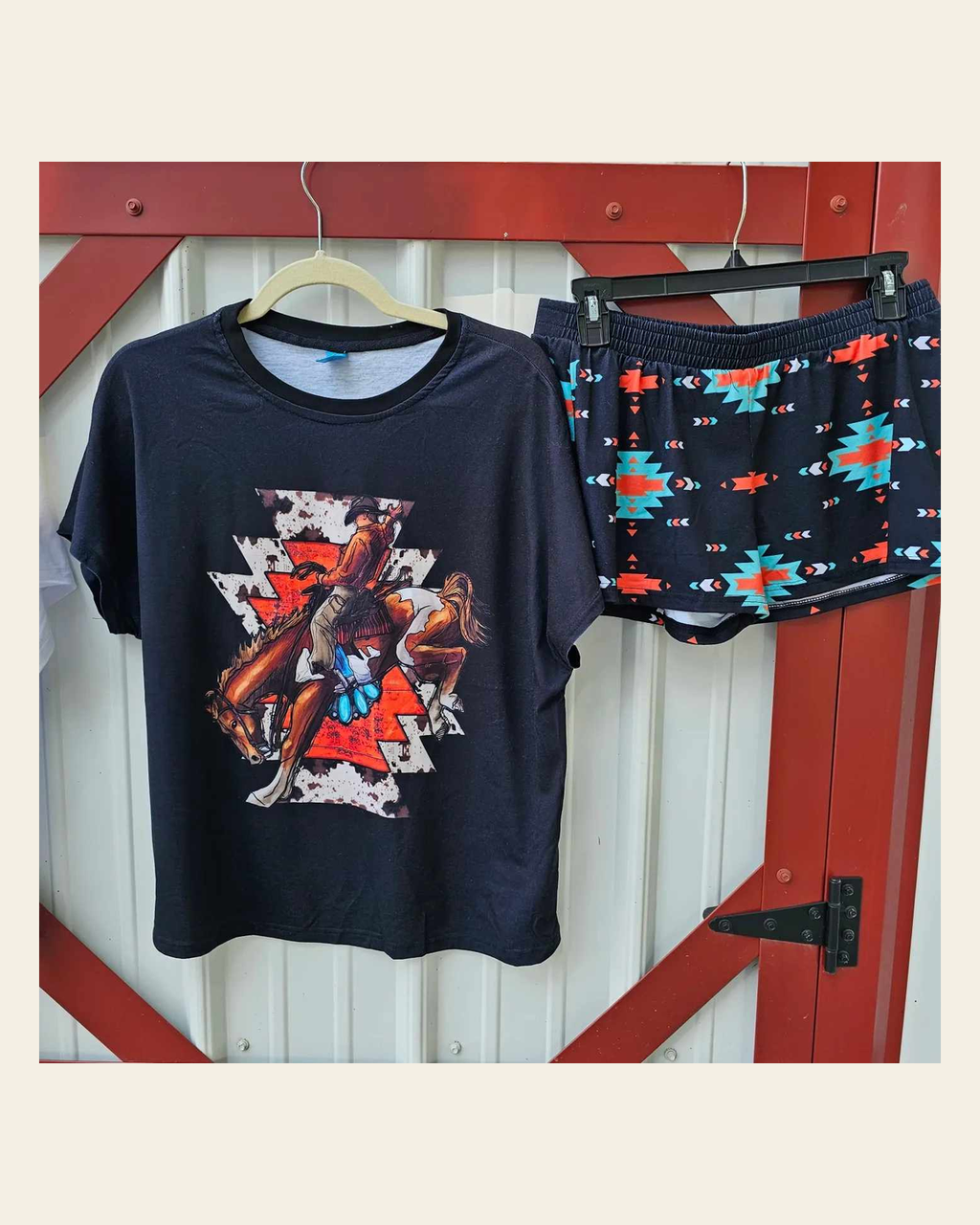 Baha Ranch Rodeo Bronc Women's Western Top and Short Pajama Set on a warm cream background