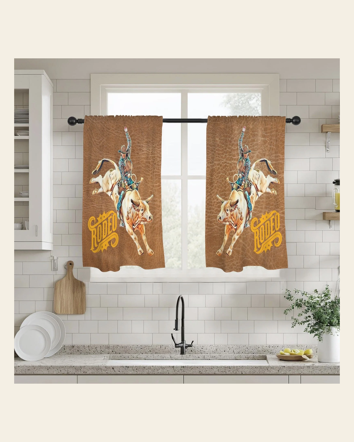 Baha Ranch Rodeo Bullrider Window Curtains 28"x40" (2-Piece) Made in America on a warm cream background