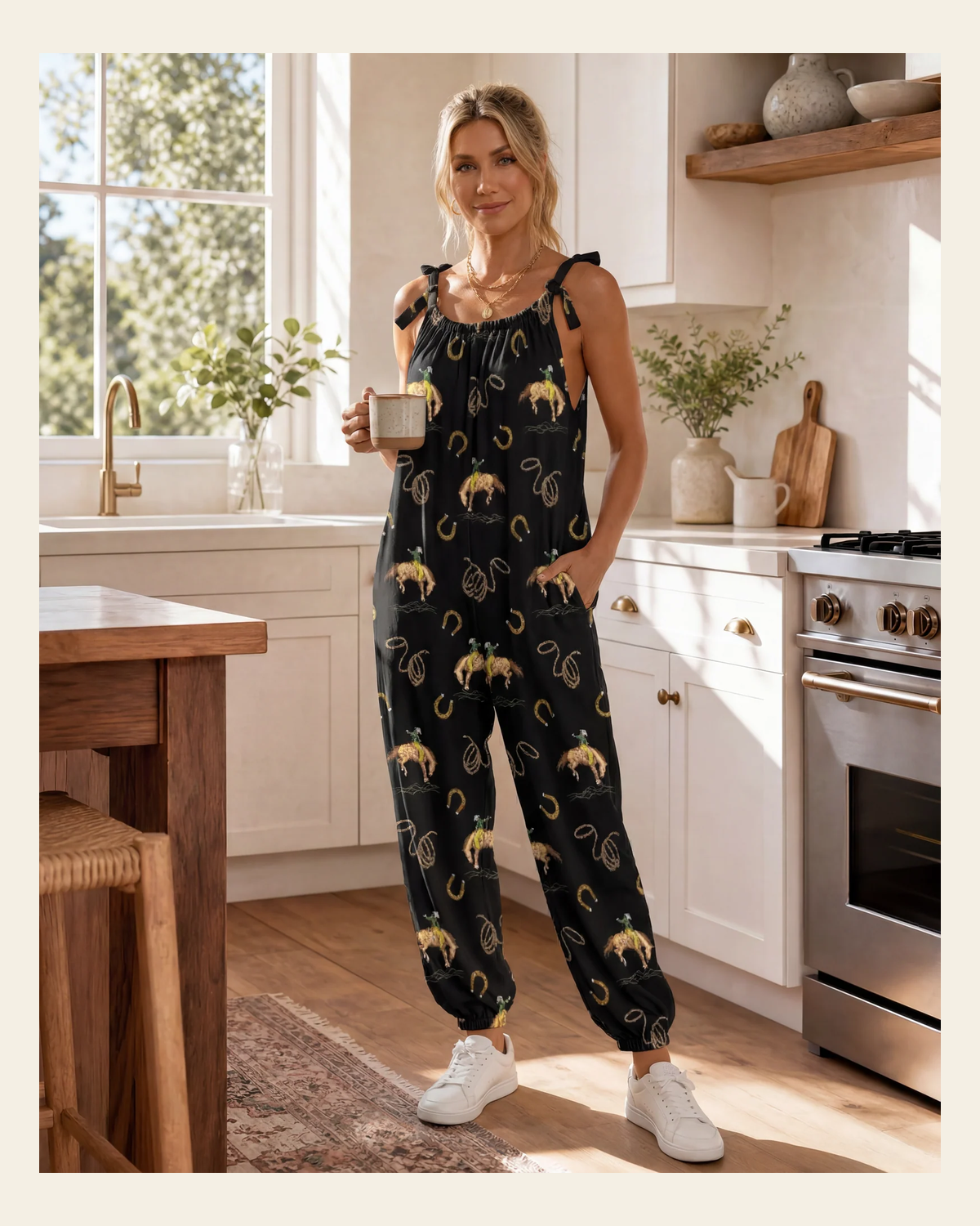 Baha Ranch Rodeo Cowboy Overalls Jumpsuit on a warm cream background