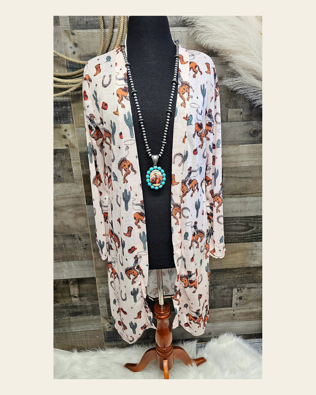 Baha Ranch Rodeo Cowboy Print Lightweight Cardigan on a warm cream background