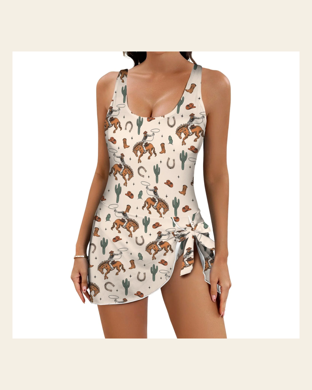 Baha Ranch Rodeo Cowboy Print Skirted Swimsuit on a warm cream background